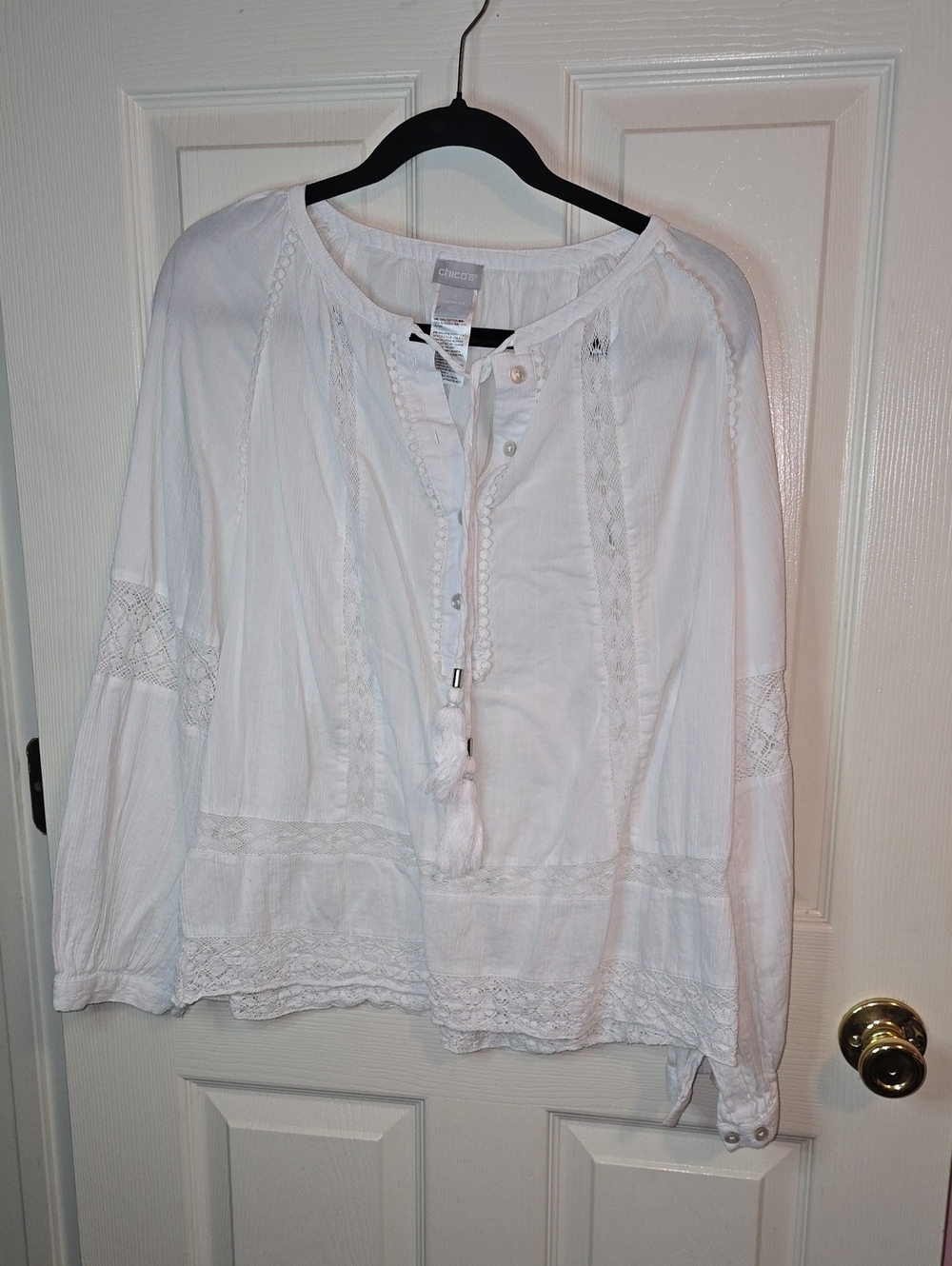 Chico's White Lace-Paneled Peasant Blouse